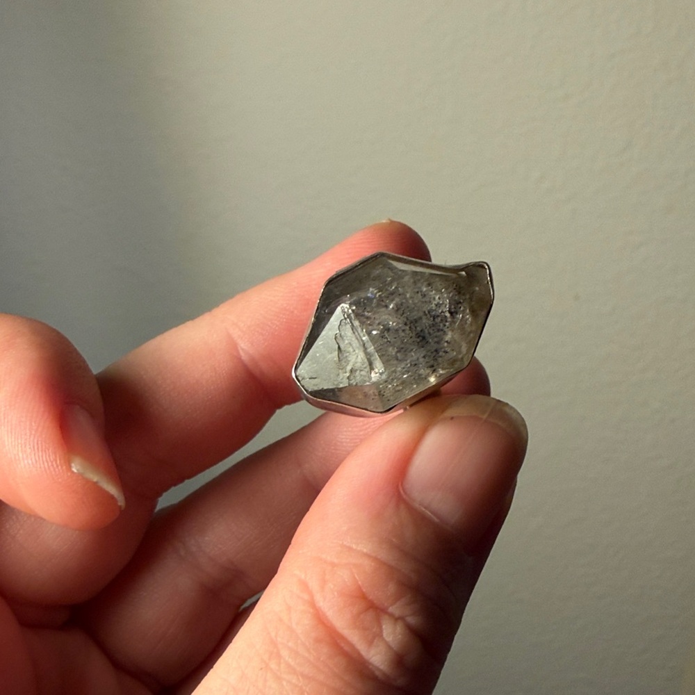 Sterling Silver Ring with Natural Gray Smokey Quartz Crystal
